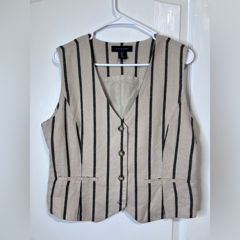 Tahari Beige and Black Linen Blend Vest size L - Picture 3 of 12